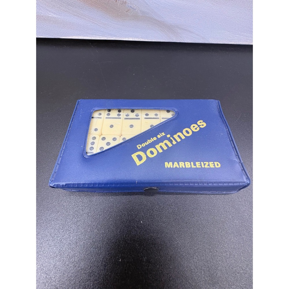Vintage Double Six Dominoes Set Marbleized Cream Tiles Blue Travel Case Snap